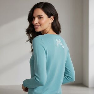RED Valentino Italy Cashmere-Silk Sweater Embroidered Lace Bow Aqua Blue Sz S